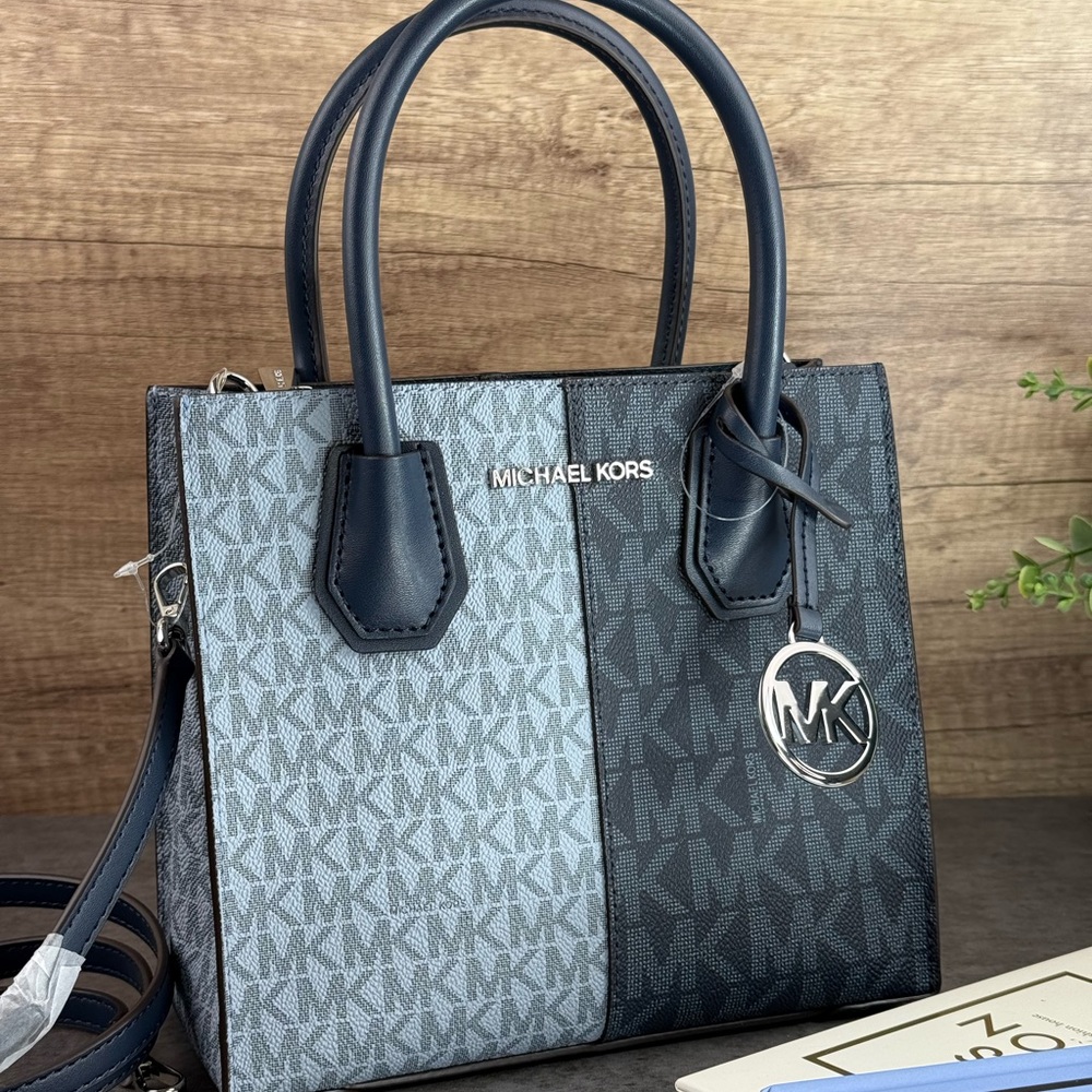 NWT Michael Kors Outlet Mercer Medium Color-Block Logo Crossbody Bag Navy Multi